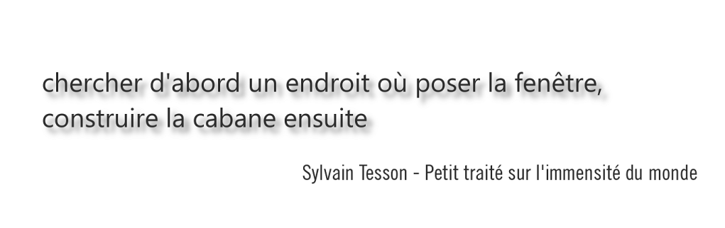 chercher d'abord un endroit où poser la fenêtre, construire la cabane ensuite. Sylvain Tesson - Petit traité sur l'immensité du monde
